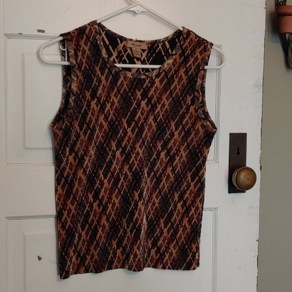 Plissé Sleeveless Tank Shirt Gold Black Geometric Stretch Dressy Size S - Picture 1 of 6